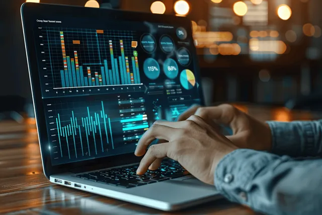 Hands typing on laptop showing sales analytics dashboard with rising growth charts