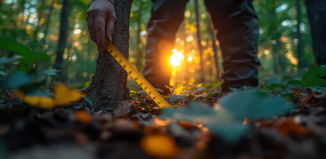 A forester wraps a measuring tape around a tree trunk in a sunlit forest during timber inspection.