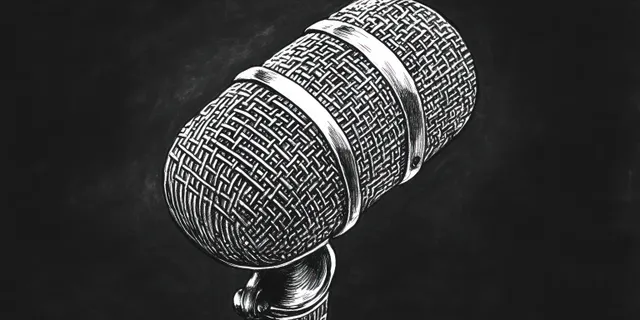 Monochrome close-up illustration of a microphone head with wire mesh grill and metal bands on a dark background.