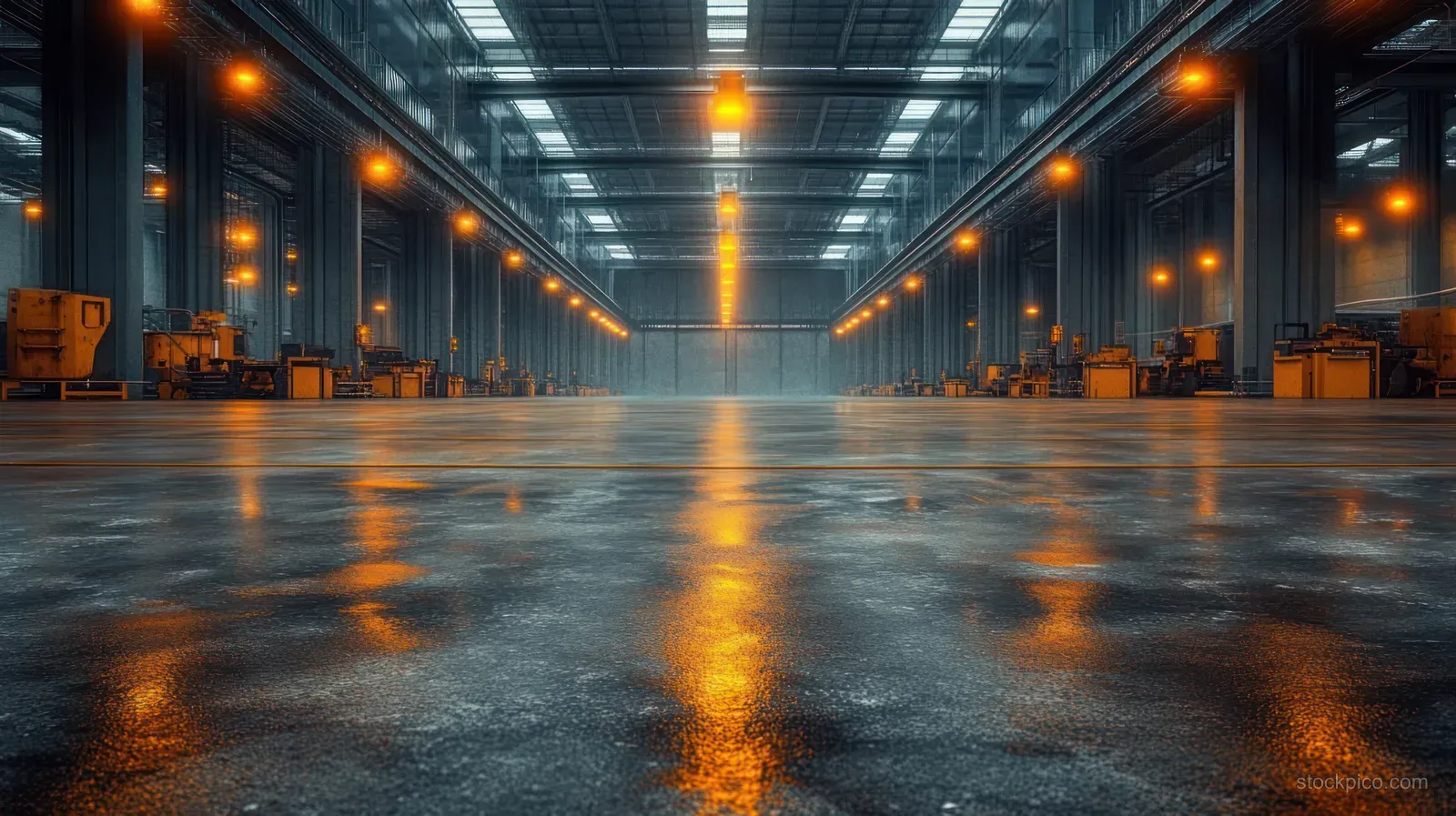 Empty industrial warehouse interior with warm overhead lights reflecting on a polished floor under a glass ceiling.
