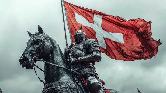 A medieval armored knight statue on horseback waves a red banner with a white cross under overcast clouds.