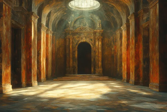 Baroque interior corridor with gilded columns, arched doorways, and a glowing dome ceiling in Budapest.