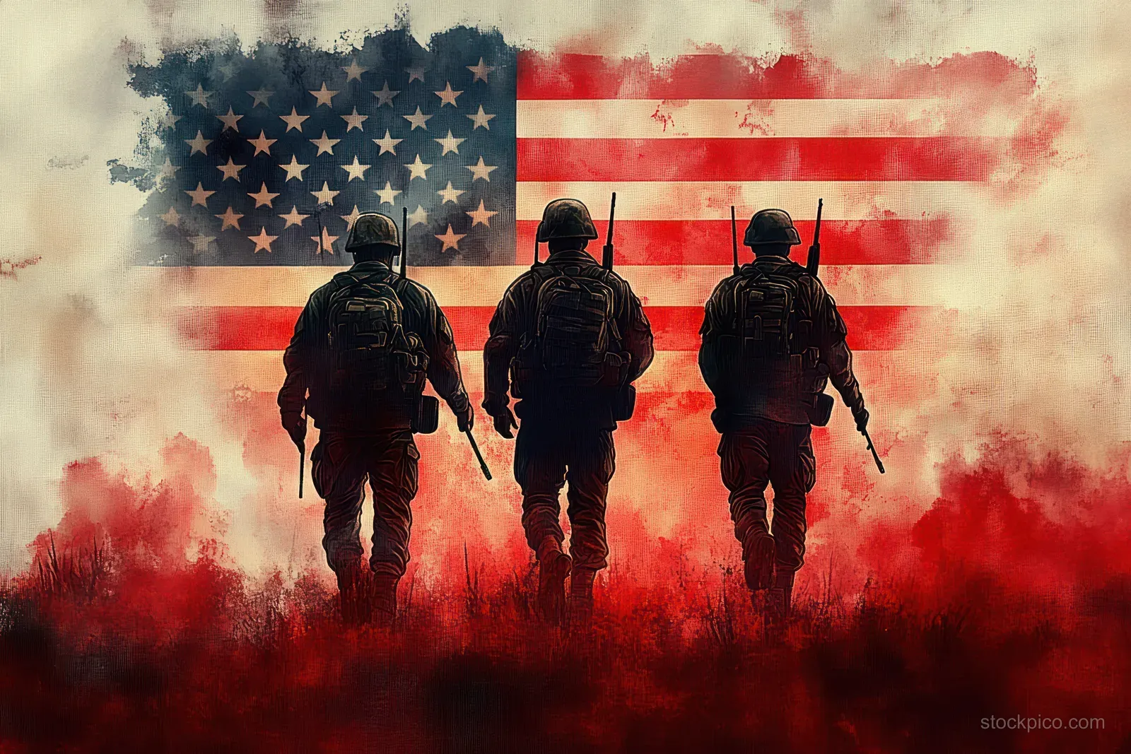 Three soldiers in combat gear march forward through red smoke with rifles, with a large American flag behind them.