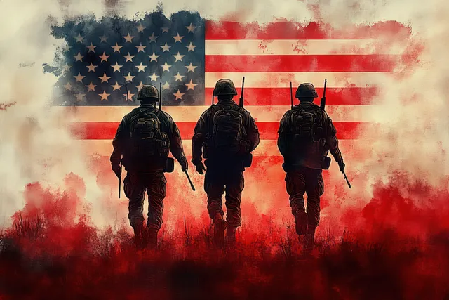 Three soldiers in combat gear march forward through red smoke with rifles, with a large American flag behind them.