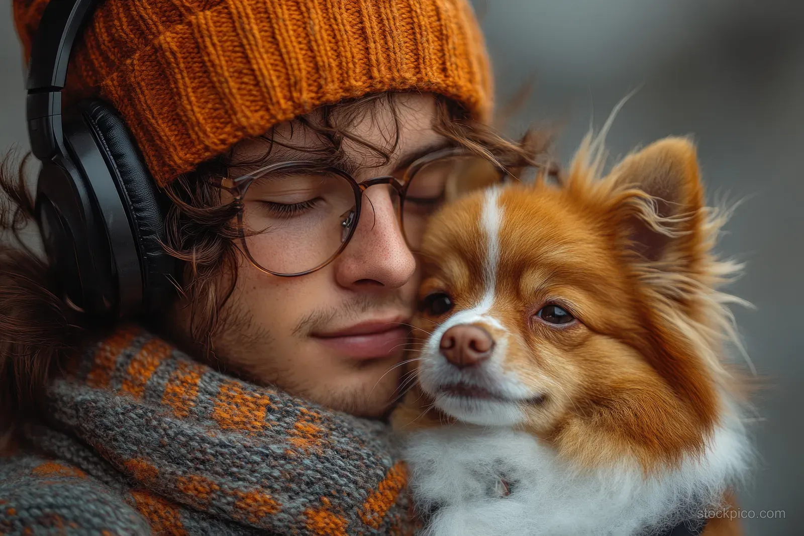 Smiling woman wearing headphones hugs a fluffy poodle in a softly lit studio with a gray backdrop.