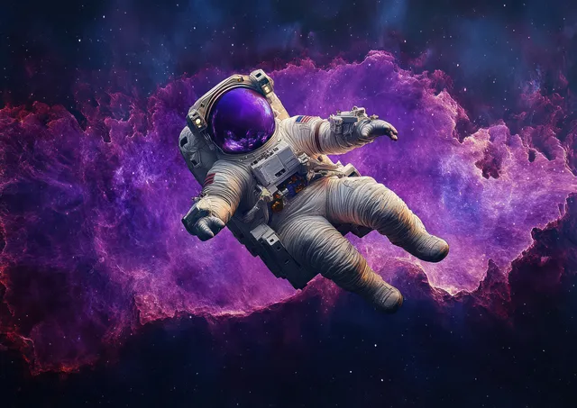 An astronaut floats weightlessly in space, surrounded by glowing purple and blue nebula clouds.