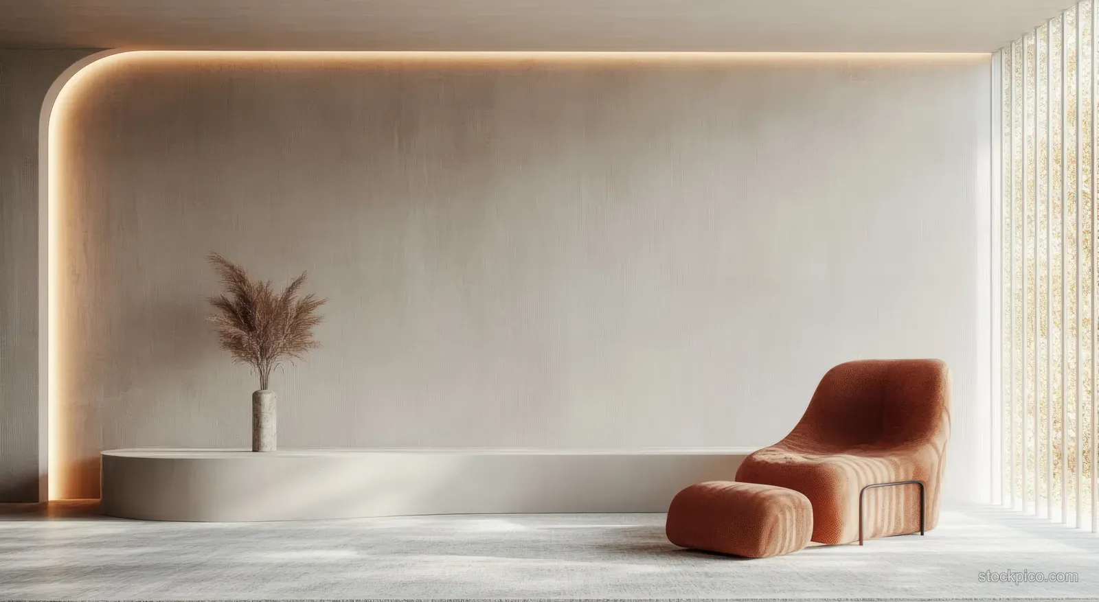 Rust lounge chair and ottoman sit beside a beige bench with dried pampas grass under curved wall lighting by a tall window.