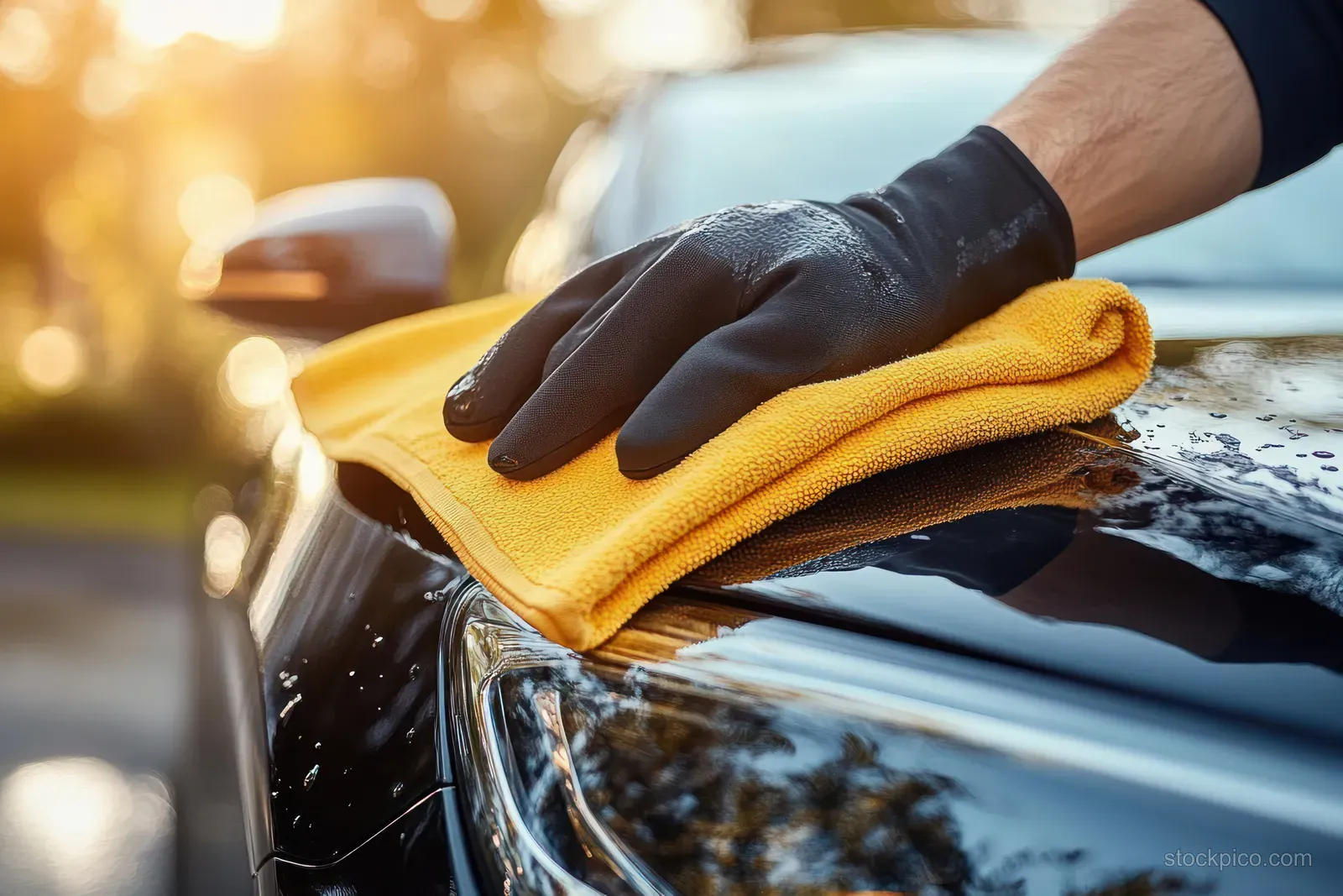 Gloved hands hand-polish a glossy black car fender with a yellow microfiber cloth under warm golden light.