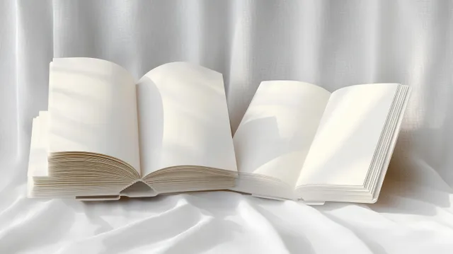 Minimalist open book beside stacked blank papers in soft natural window light