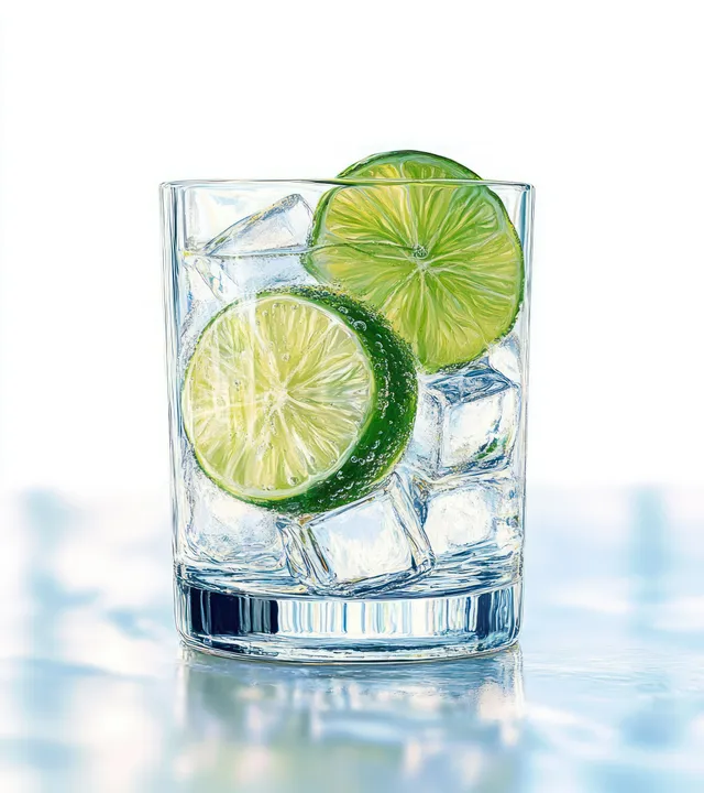 Clear glass of ice and lime slices with sparkling condensation on reflective surface