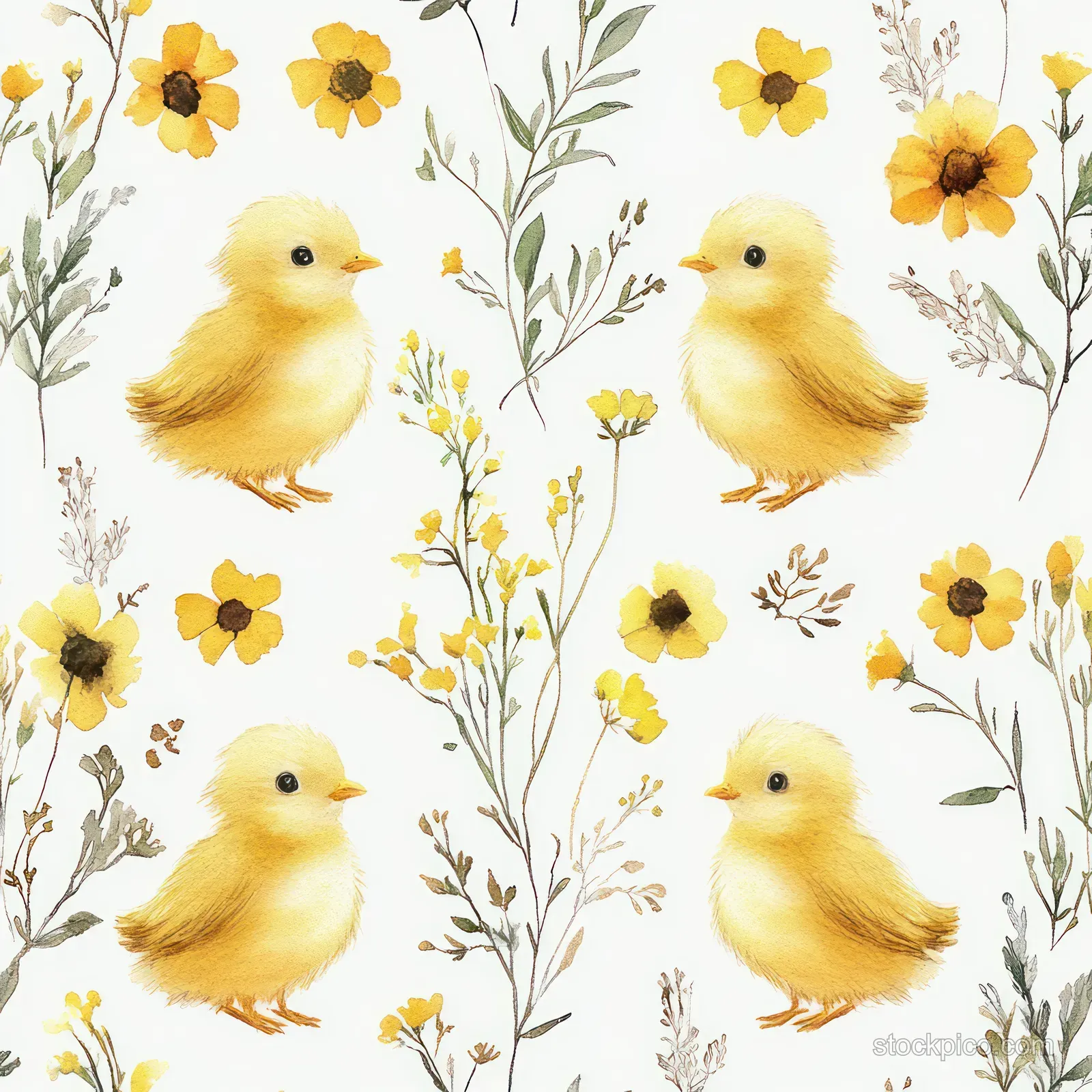 Four fluffy yellow chicks are surrounded by delicate yellow flowers and green leaves on a white background.