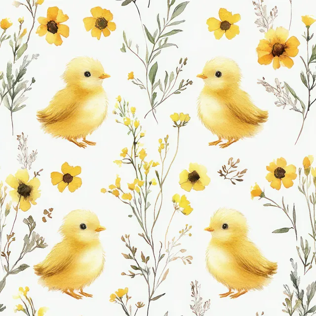 Four fluffy yellow chicks are surrounded by delicate yellow flowers and green leaves on a white background.