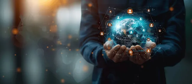 Businessperson holds glowing globe with network icons, digital marketing interface background at night