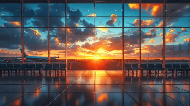 Airport terminal interior with large glass windows at sunset, blue chairs, and reflections on the polished floor.