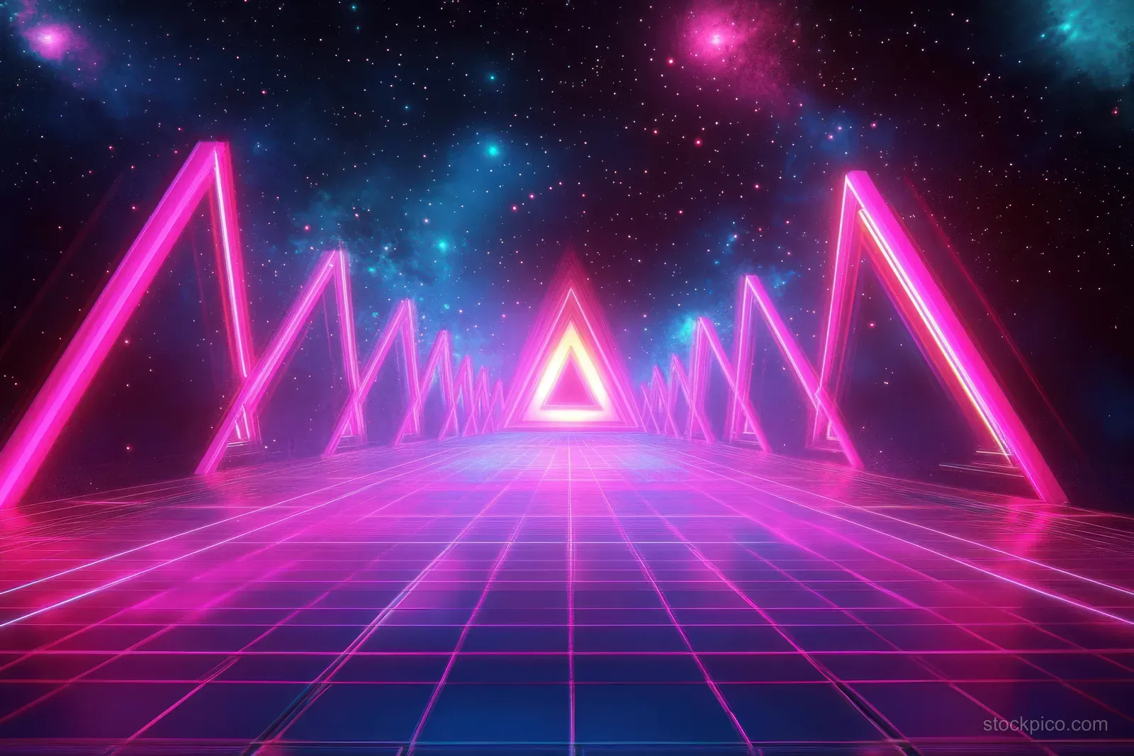 Neon triangular grid pathway in pink and purple stretches into a starry cosmic sky.
