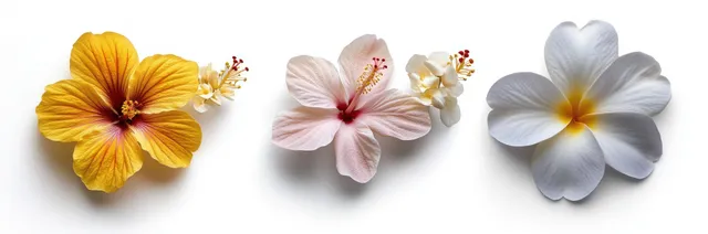 Three tropical flower blossoms including yellow hibiscus, pale pink hibiscus, and white plumeria on a white background.