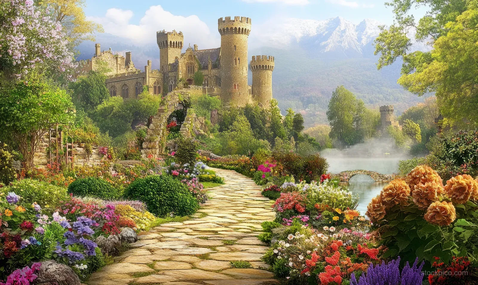 Stone path curves through bright flower garden toward a turreted castle and calm river under sunny clouds.