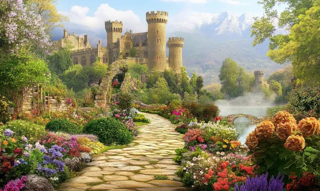 Stone path through vibrant flower garden leading to a castle with towers under bright sky