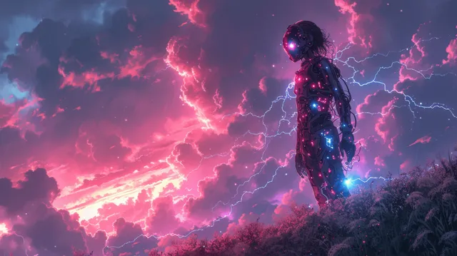 Anime warrior stands on stormy hill as pink lightning electrifies the sky