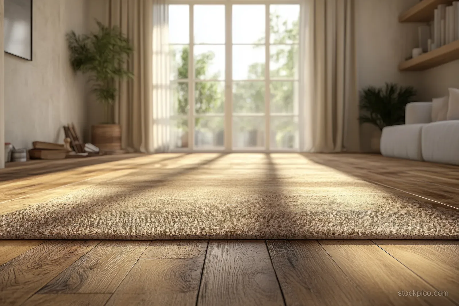 Sunlit wooden floor in a cozy room with a placed rug, curtains, and renovation materials near the windows.