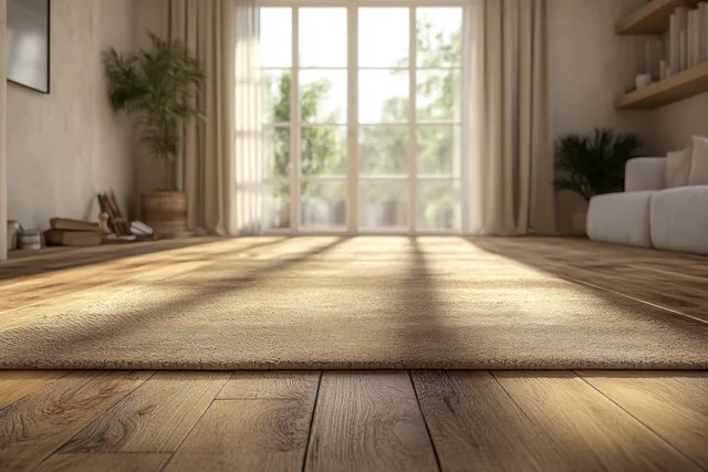 Sunlit wooden floor in a cozy room with a placed rug, curtains, and renovation materials near the windows.