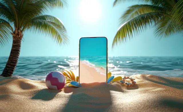 Smartphone displaying ocean waves on a tropical beach with palm trees and sunlight