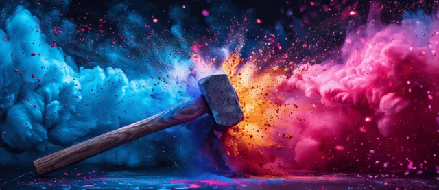 A sledgehammer strikes and releases blue and pink dust clouds across a dark renovation background.