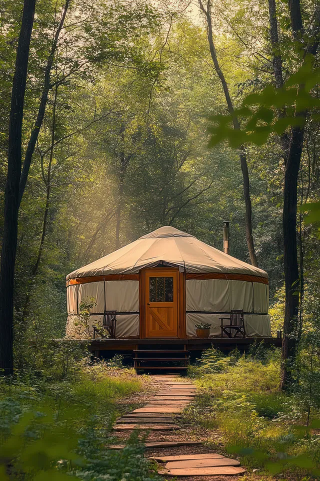 A wooden yurt with a door and deck sits in a green forest beside a wooden path under sunlit trees.
