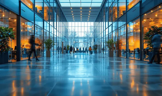 People walking through a glass hallway in a modern office interior with warm lighting