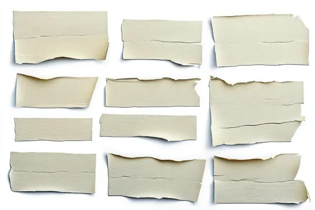 Twelve irregular torn cream paper scraps on white background with soft casting shadows