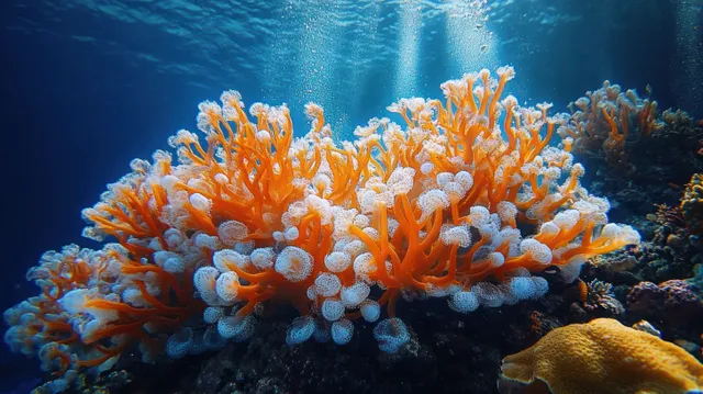 Orange coral colony with white polyps illuminated by sunlight rays underwater on a blue reef.