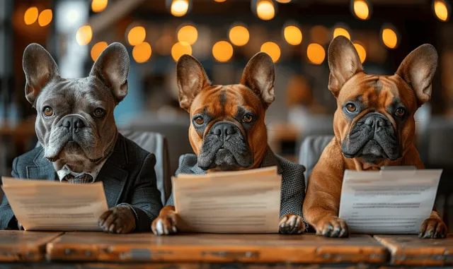 French bulldogs in suits reading papers at a candlelit office table