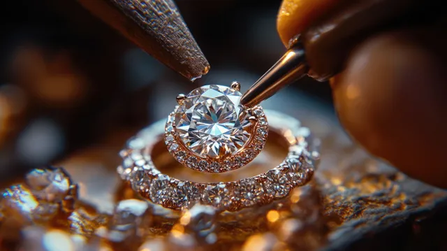 Jeweler sets a round-cut diamond into an ornate circular ring under warm workshop light
