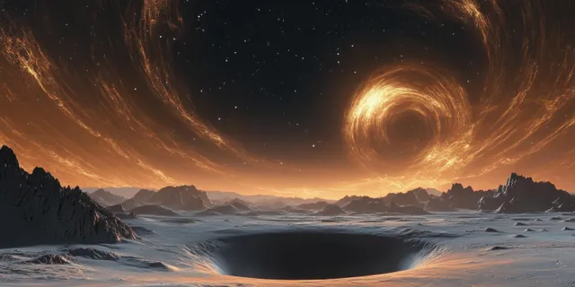 Alien desert under moonlit sky with glowing crater and swirling cosmic plasma horizon