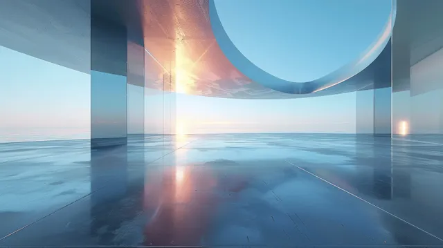 Futuristic glass cube buildings reflect across a polished concrete floor beneath a clear blue sky and horizon line.