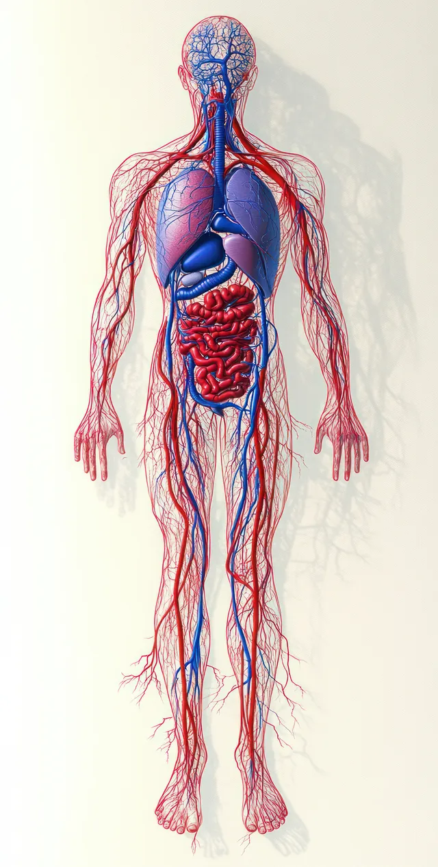 Illustrated standing human figure with highlighted arteries in red and veins in blue showing the circulatory network.