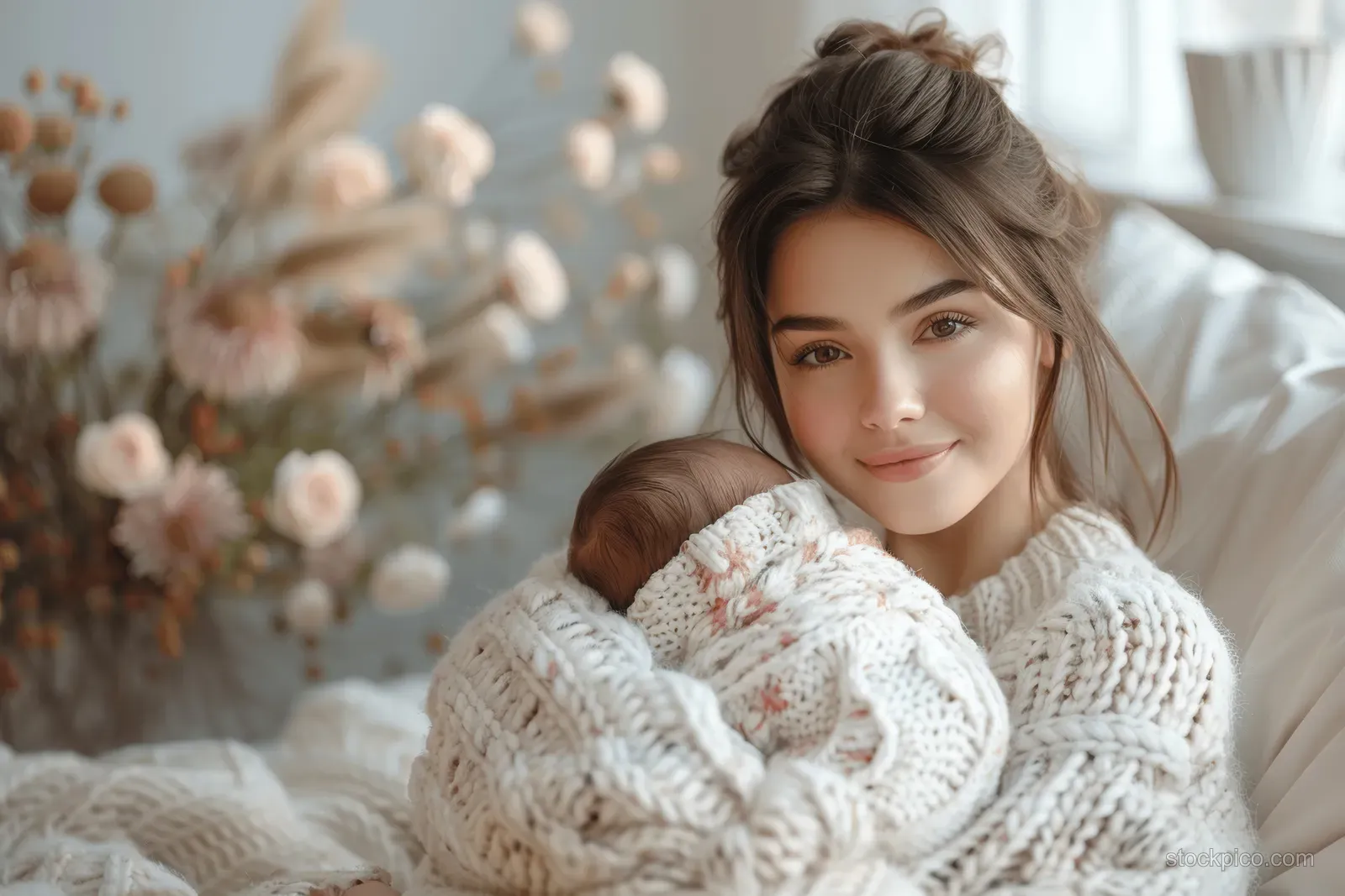 A mother smiles while holding a swaddled newborn baby on a sofa in soft daylight.