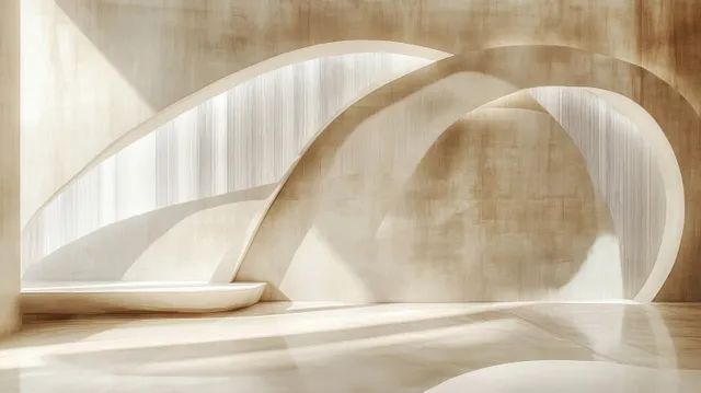 Minimalist interior showing curved archways and smooth walls with warm daylight casting soft shadows.