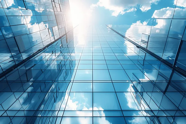 Upward view of a reflective glass skyscraper facade with a grid of windows under bright blue sky.