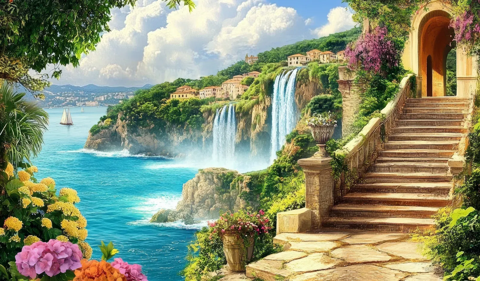 Stone staircase on a Mediterranean terrace overlooks cascading waterfalls, greenery, and blooming flowers by the sea.