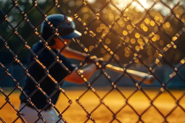 Helmeted youth baseball player swings a bat behind a chain-link fence as golden hour sunlight flares.
