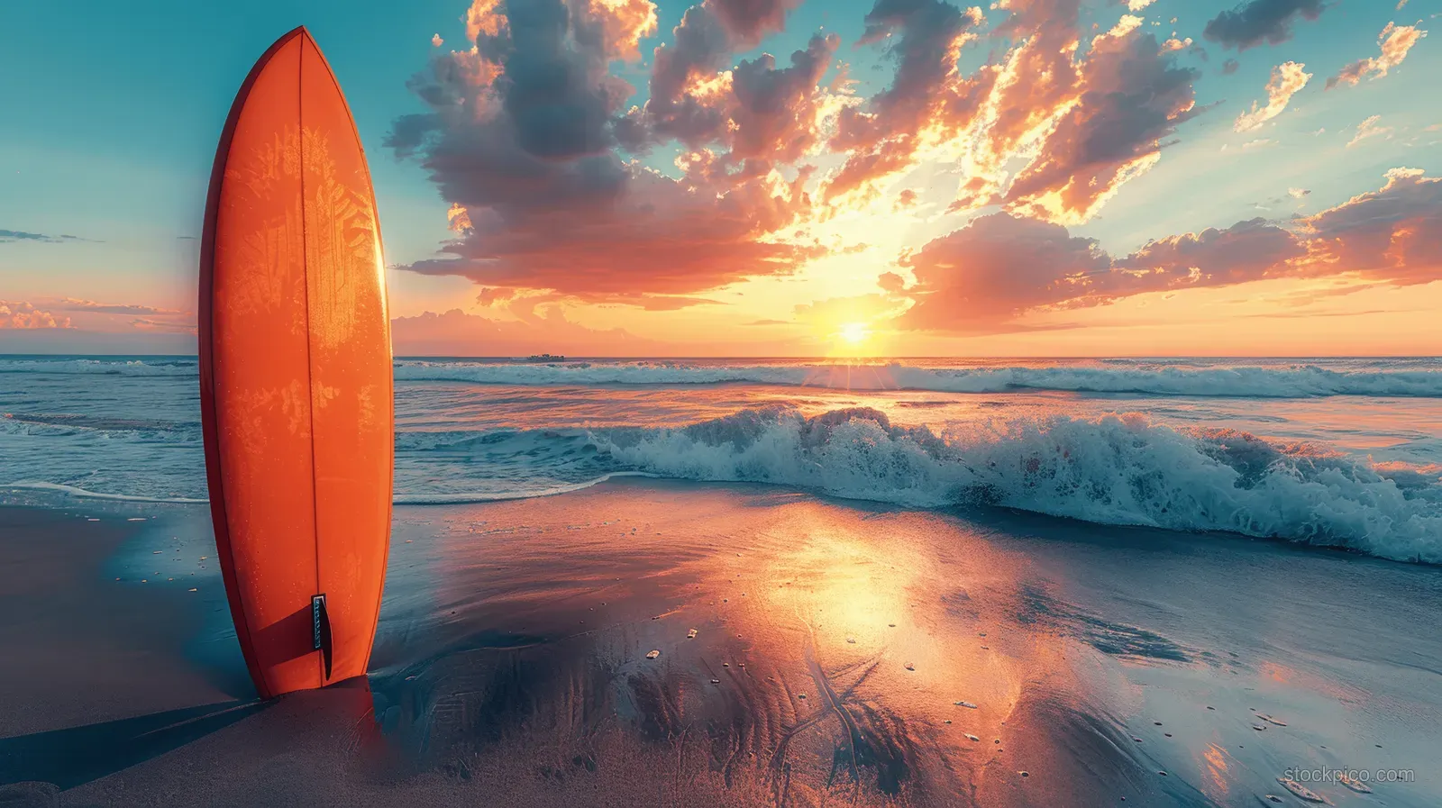 Orange vintage surfboard upright on a sandy beach with ocean waves and a sunset sky behind it.
