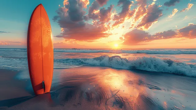 Orange vintage surfboard upright on a sandy beach with ocean waves and a sunset sky behind it.