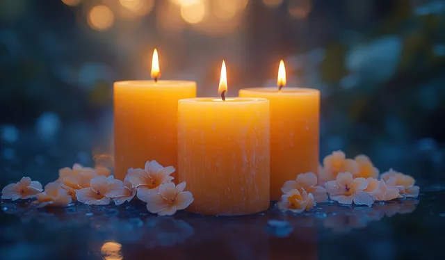 Three lit Christmas candles glow on a dark table with white flower petals and soft blue bokeh.