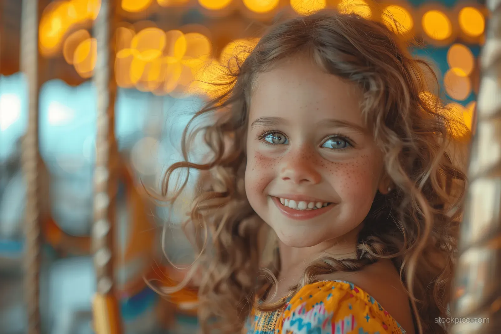 Smiling little girl laughing near a brightly lit amusement park carousel ride with colorful decorations in the background.