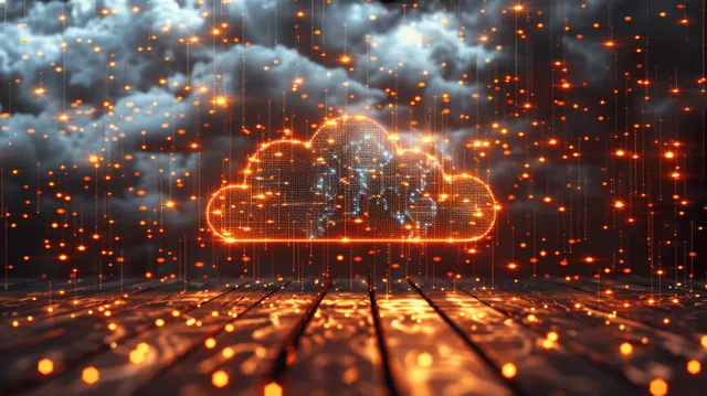 Digital cloud data security with glowing network nodes and flowing light trails