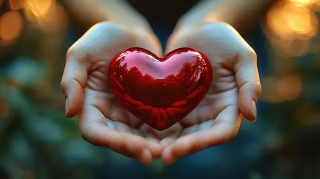 Two hands cradling a glossy red heart with warm bokeh lights in the background