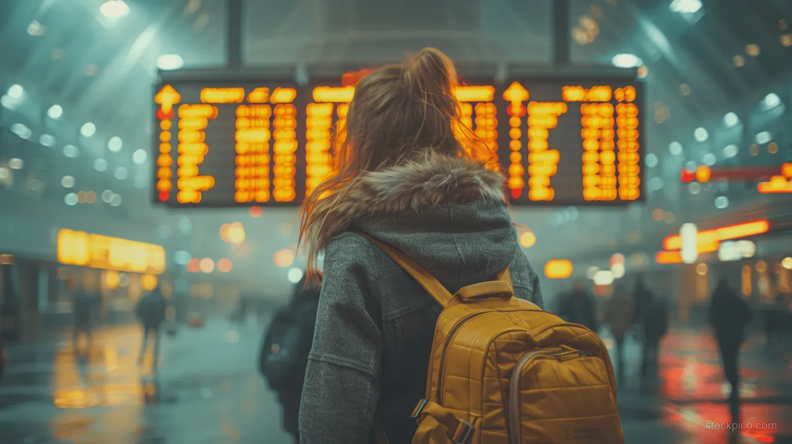 Woman with a yellow backpack reads flight information on a glowing airport departure display board while holding a suitcase.