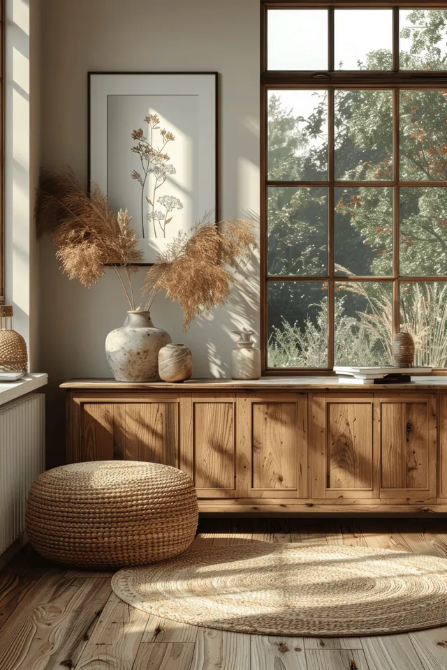 Scandinavian wooden sideboard with poster frames in bright sunlight by a window