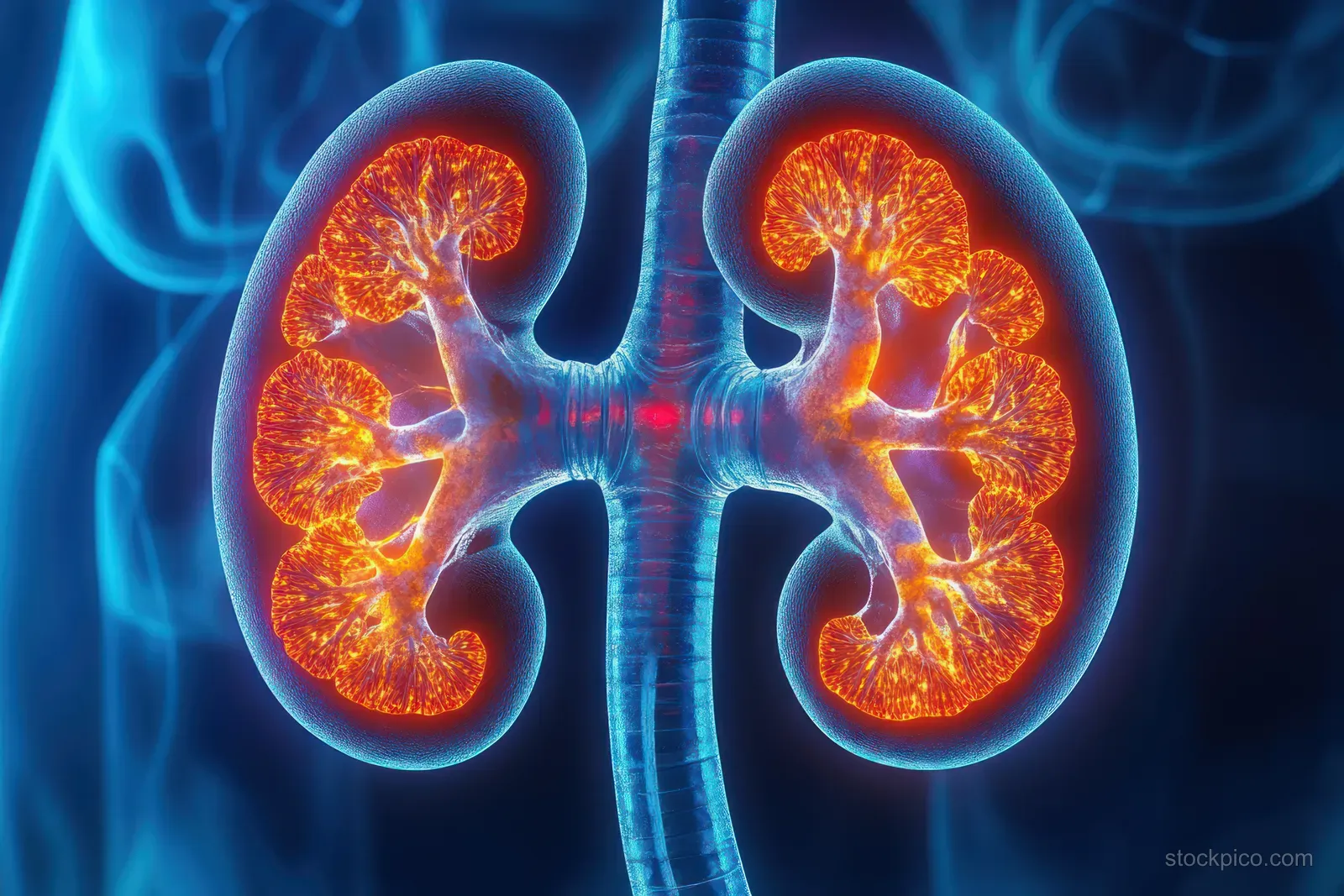 Two glowing kidneys with orange tubules and blood vessels float inside a translucent blue anatomical backdrop.
